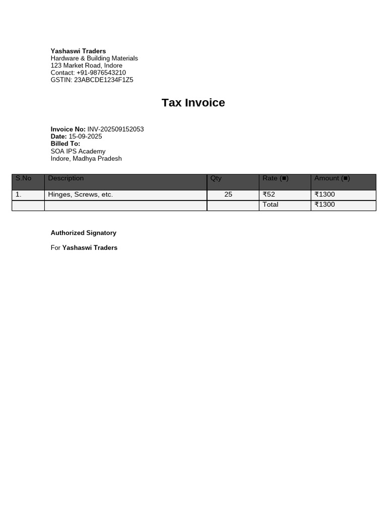 Yashaswi Traders Invoice for SOA IPS Academy | PDF