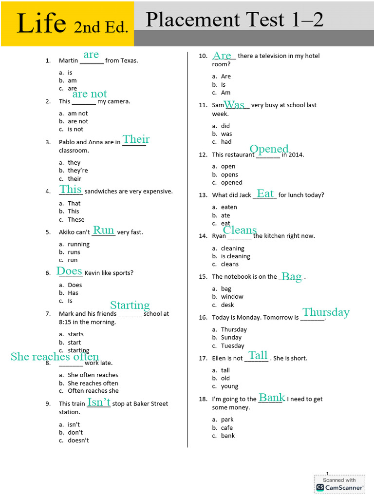 English Placement Test Questions | PDF