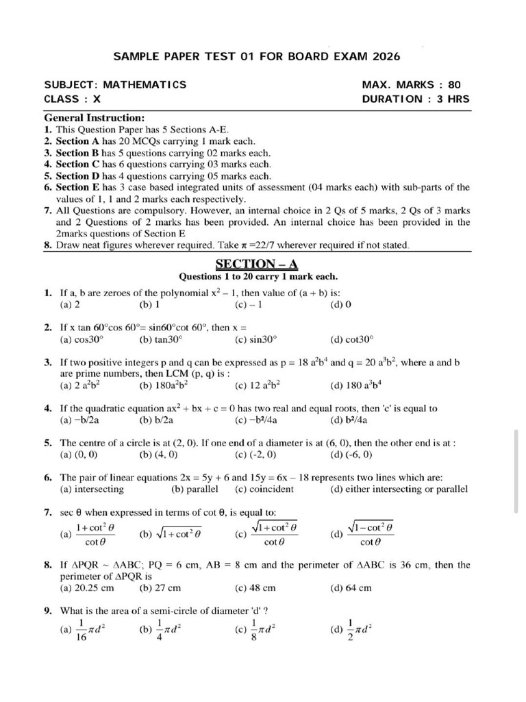 Sample Paper - 1 Class X Math | PDF