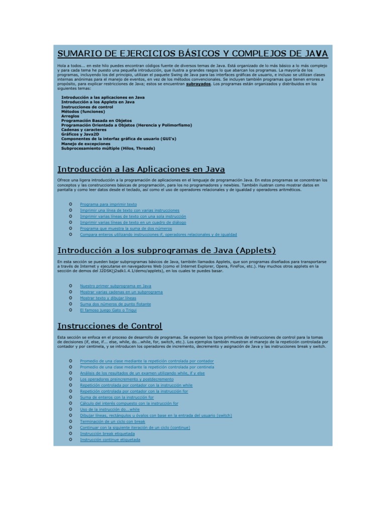 Sumario de Ejercicios Básicos y Complejos de Java | PDF | Herencia ...
