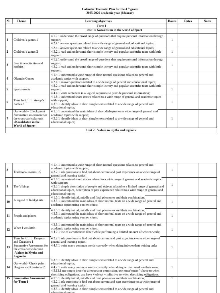 4th Grade Thematic Calendar 2025-2026 | PDF | Word | Reading Comprehension