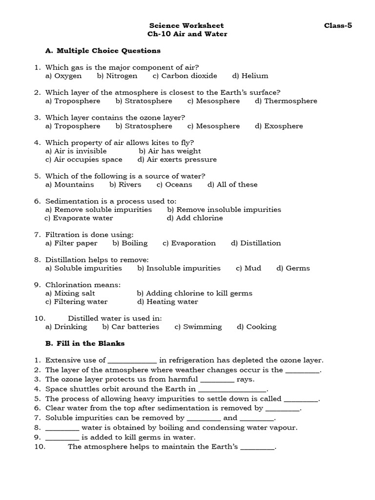 Class 5 Science: Air and Water Worksheet | PDF | Atmosphere Of Earth ...