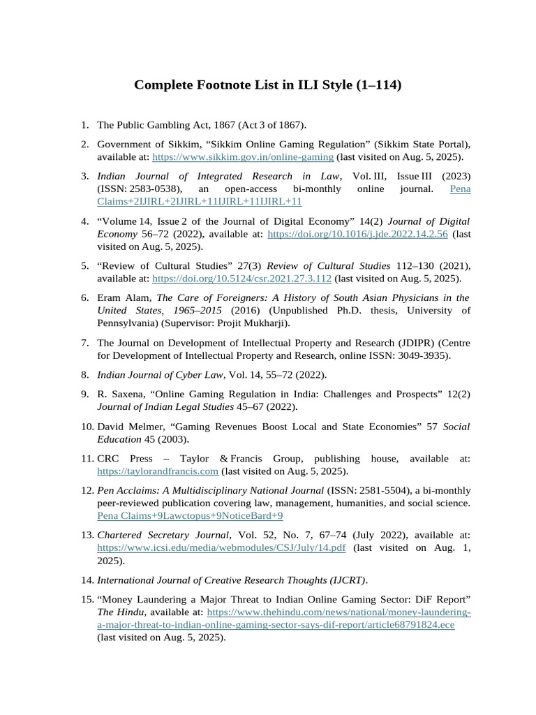 ILI Style Footnote List (1–114) | PDF