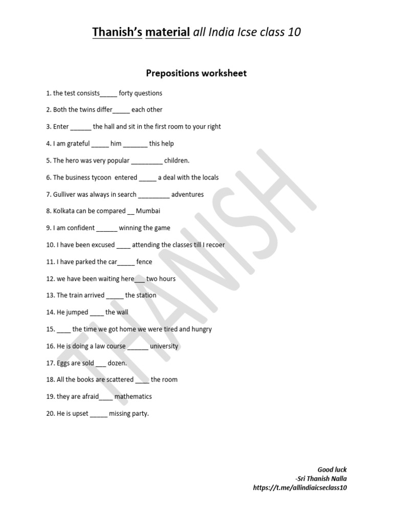 ICSE Class 10 Prepositions Worksheet | PDF