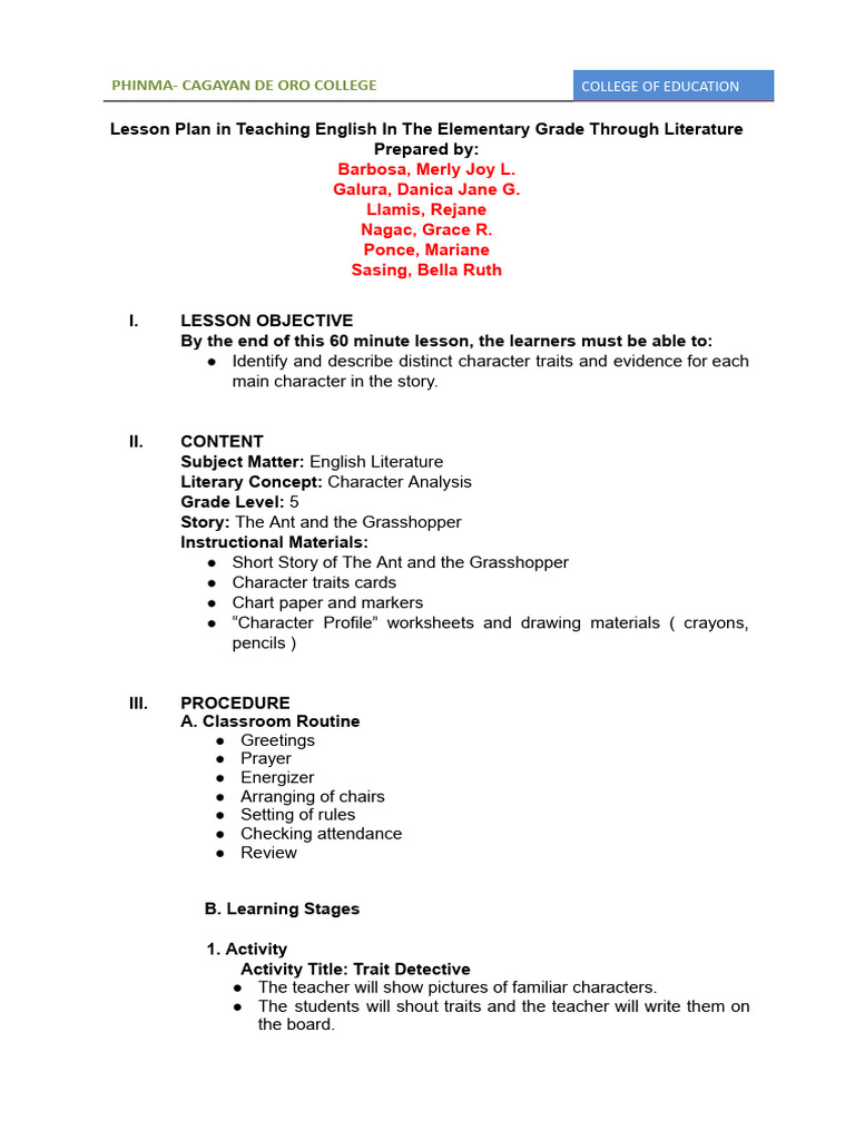 English Lesson Plan: Character Traits | PDF | Lesson Plan | Learning