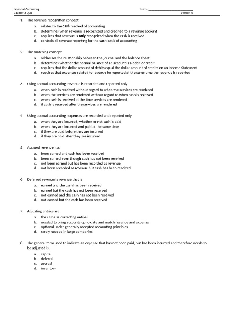 Financial Accounting Chapter 3 Quiz | PDF | Debits And Credits | Expense