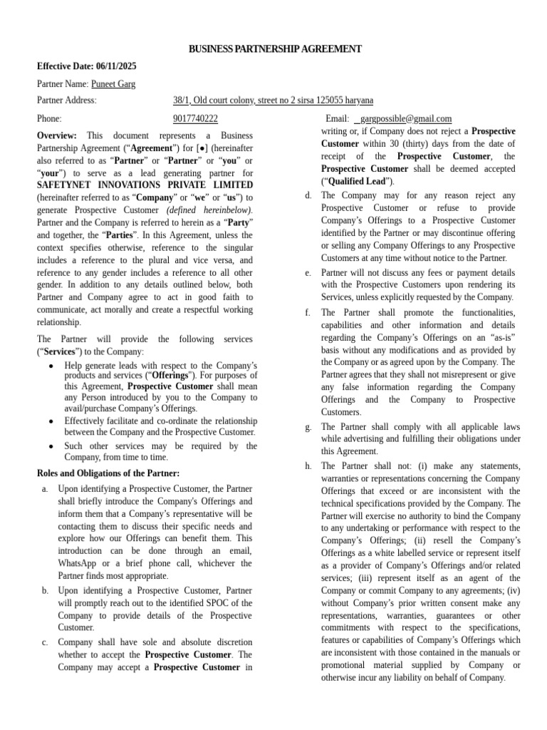 Business Partnership Agreement Template | PDF | Indemnity | Breach Of ...