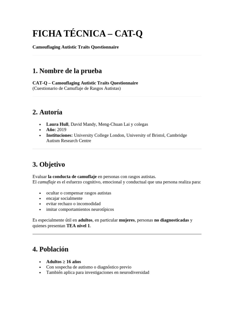Cuestionario CAT-Q sobre Camuflaje Autista | PDF | Autismo | Conceptos ...