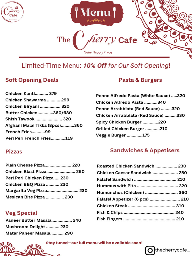 Cherry Cafe Soft Opening Menu Deals | PDF | Hamburgers | Foods