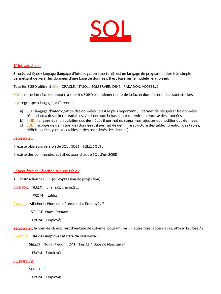 Introduction au langage SQL et requêtes | PDF | SQL | Données informatiques