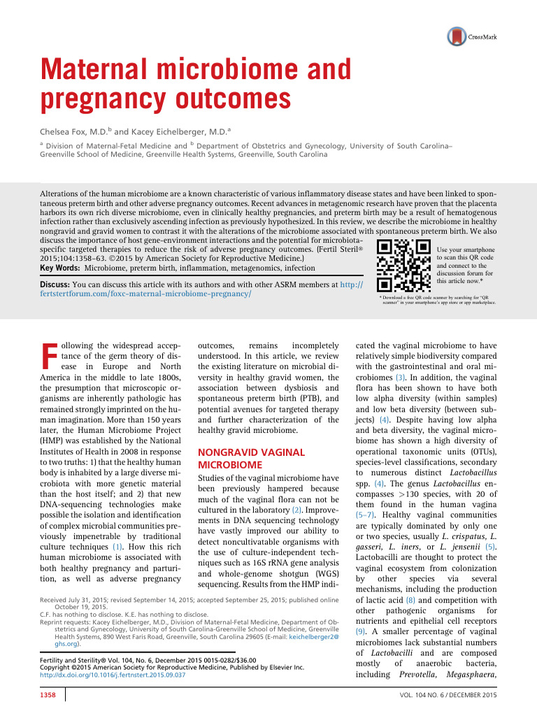 Maternal Microbiome and Pregnancy Outcomes (Fox C Et Al 2015) | PDF ...