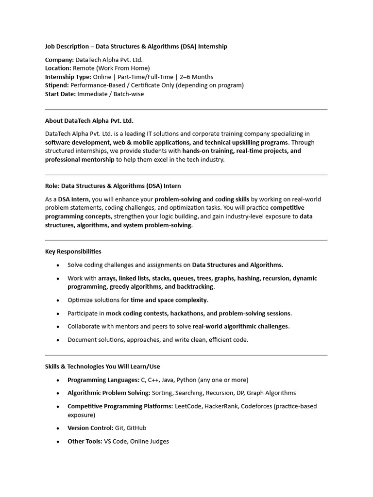 DSA Internship at DataTech Alpha | PDF | Algorithms | Data Structure
