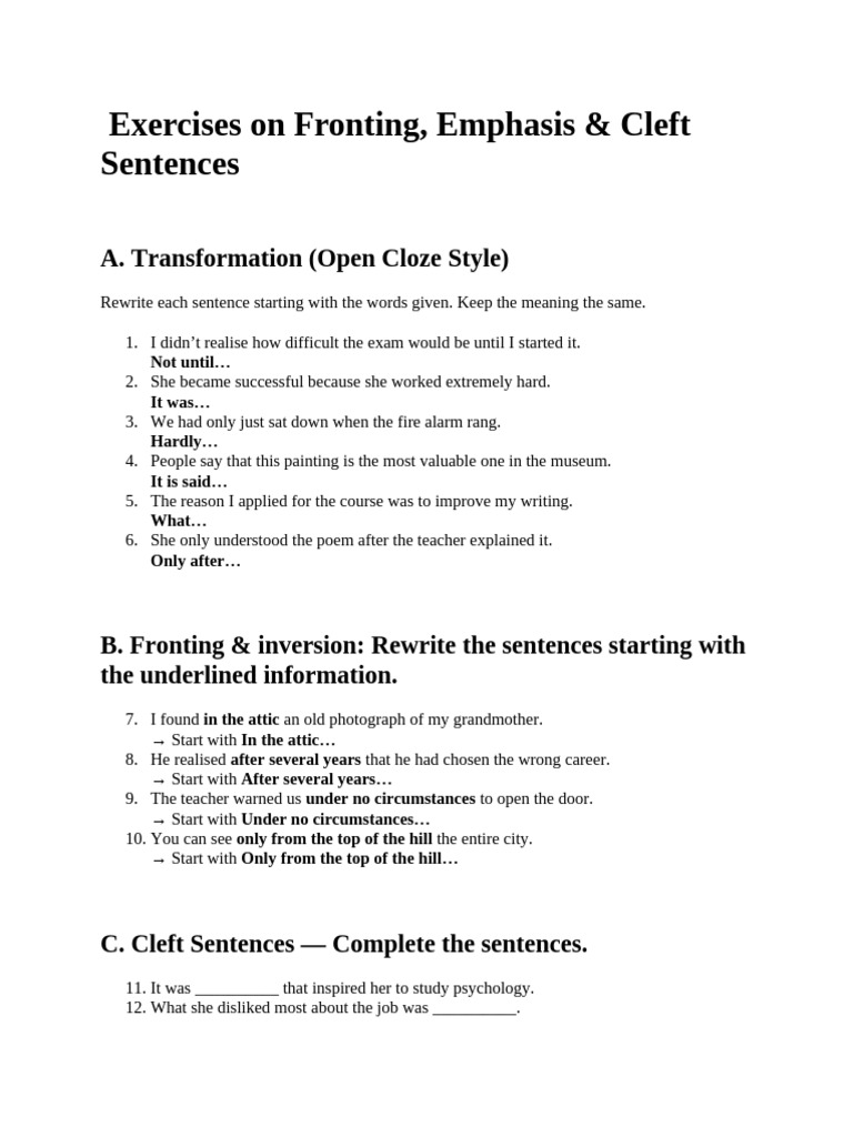 Fronting, Emphasis & Cleft Exercises | PDF | Sentence (Linguistics ...