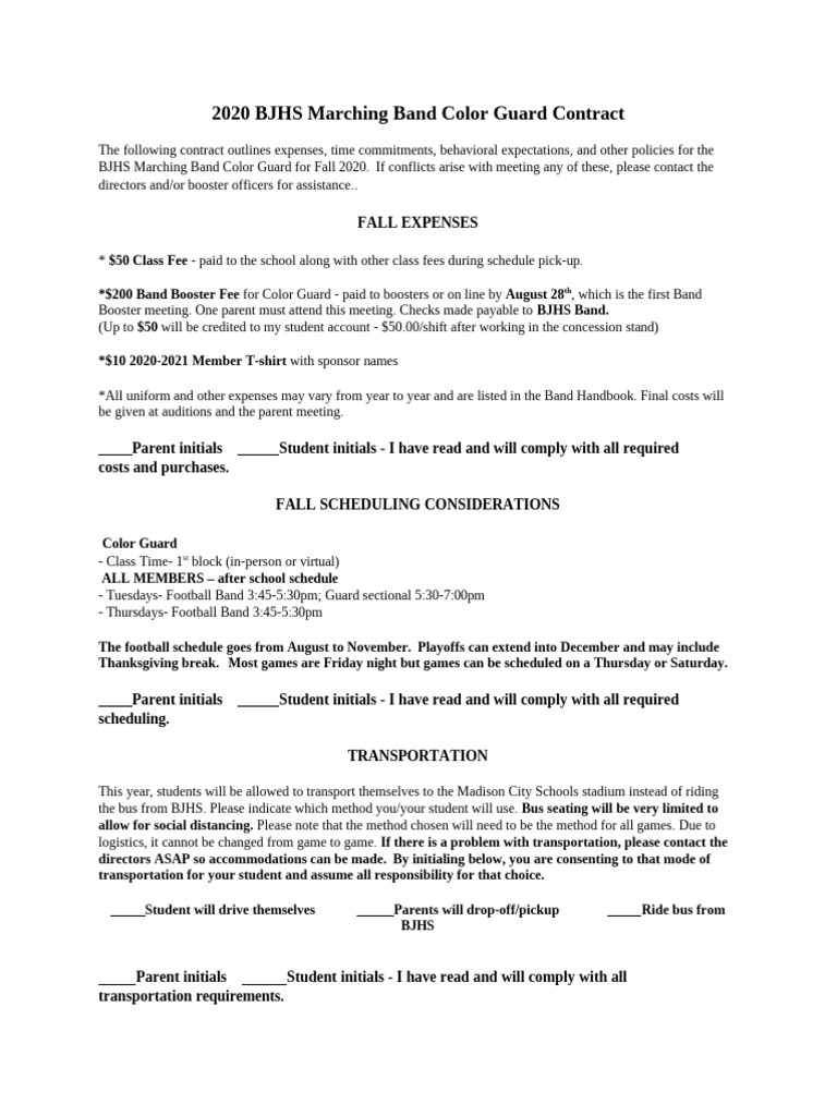2020 Bjhs Marching Band Color Guard Contract | PDF