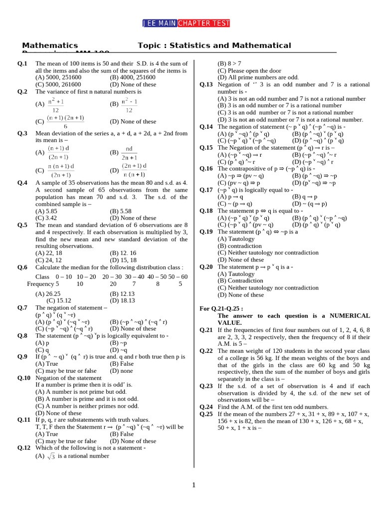 Chapter Test-21 (Statistics and Mathematical Reasoning) | PDF ...