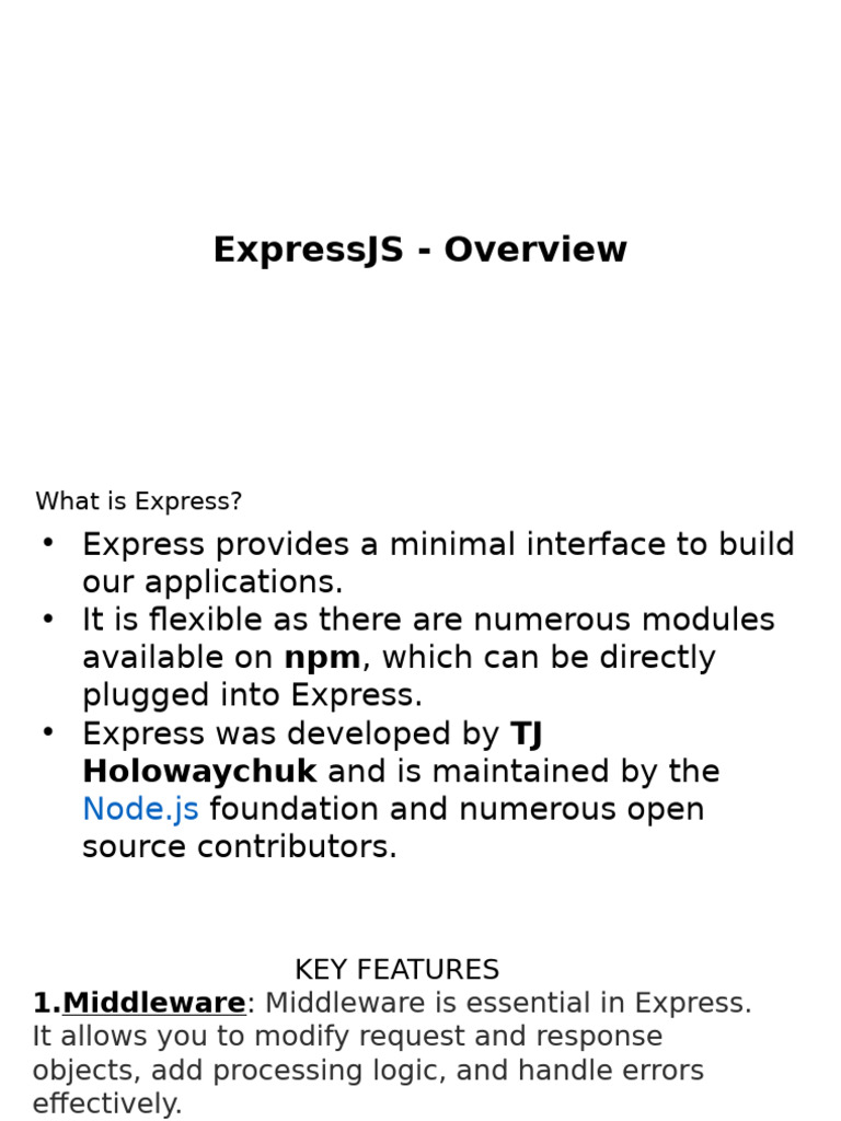 ExpressJS Overview and Middleware Guide | PDF | Web Server | Internet & Web