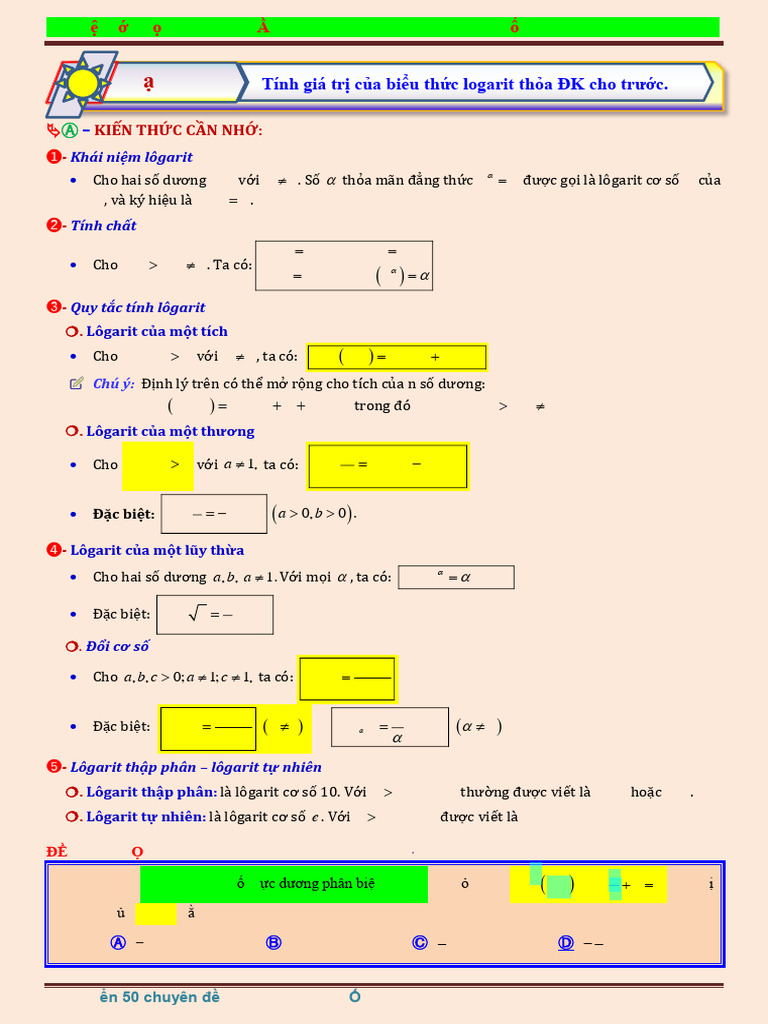 Dạng 39 Tính Giá Trị Biểu Thức Log Toán Thầy Kiên q6 q7 Đáct Bg | PDF