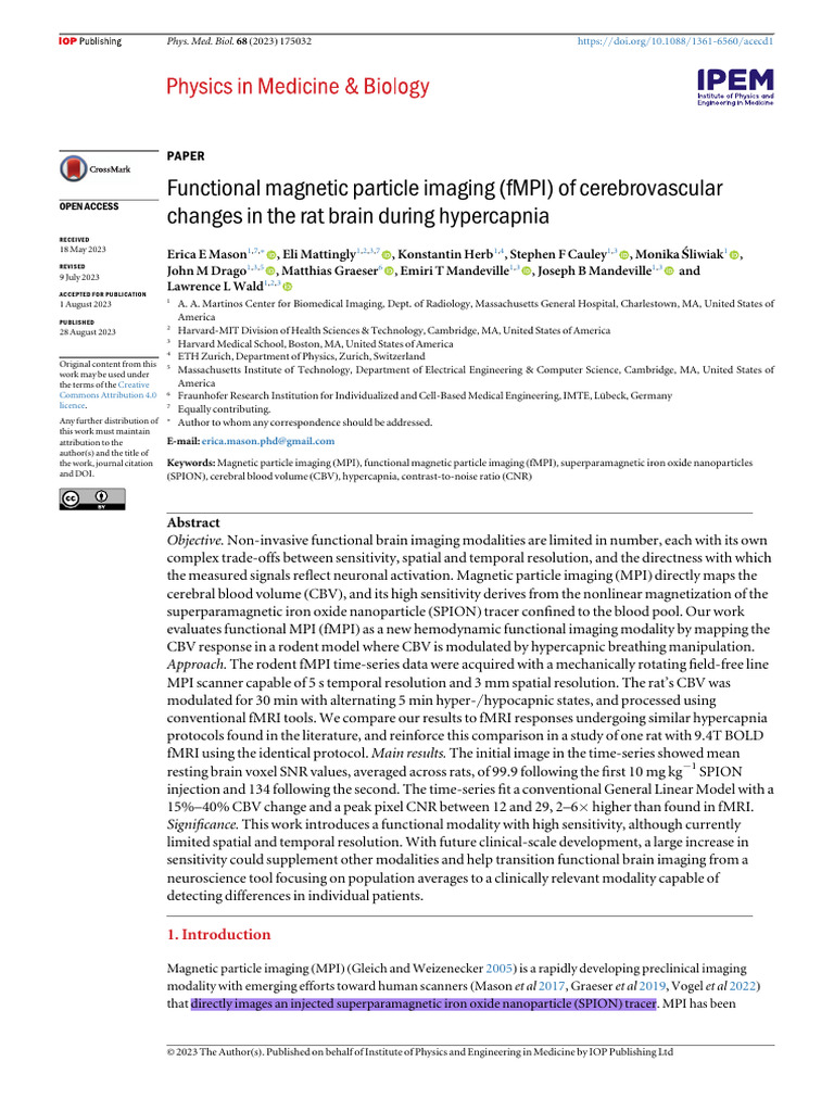 Functional Magnetic Particle Imaging (FMPI) of Cerebrovascular Changes ...