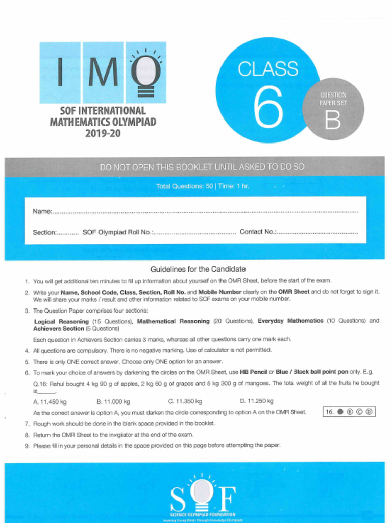 IMO - Class 6 - 2019-20 | PDF