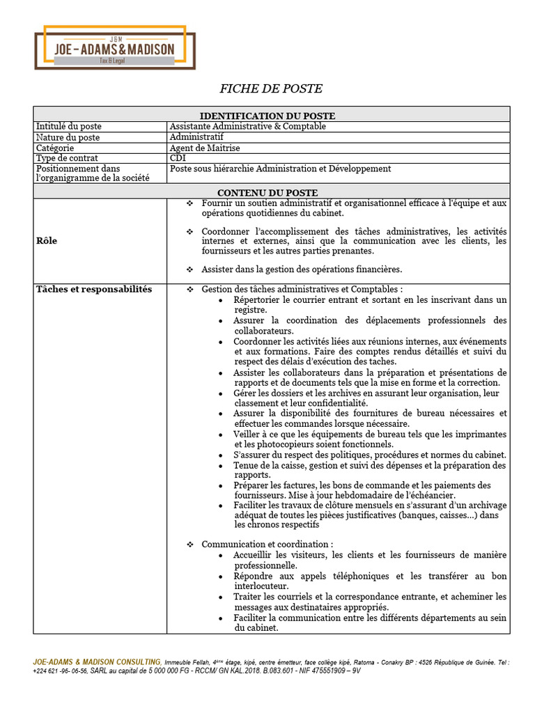 Fiche de Poste : Assistante Administrative | PDF | Business