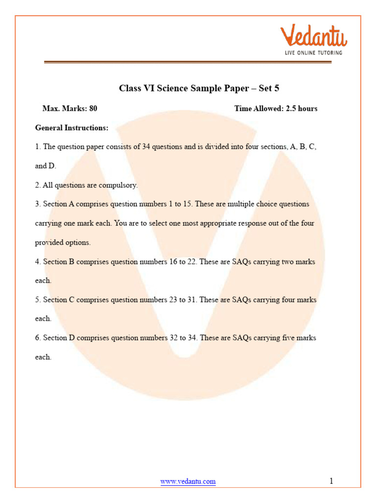 Class VI Science Sample Paper Set 5 | PDF | Water | Atmosphere Of Earth