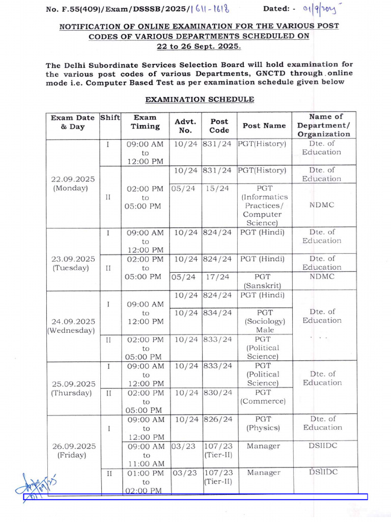 DSSSB September Exam Date Calendar 2025 PDF Download | PDF