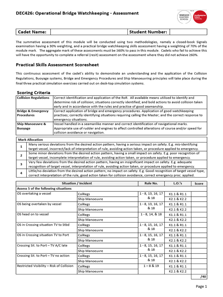 Bridge Watchkeeping Assessment Guide | PDF | Ships | Water Transport