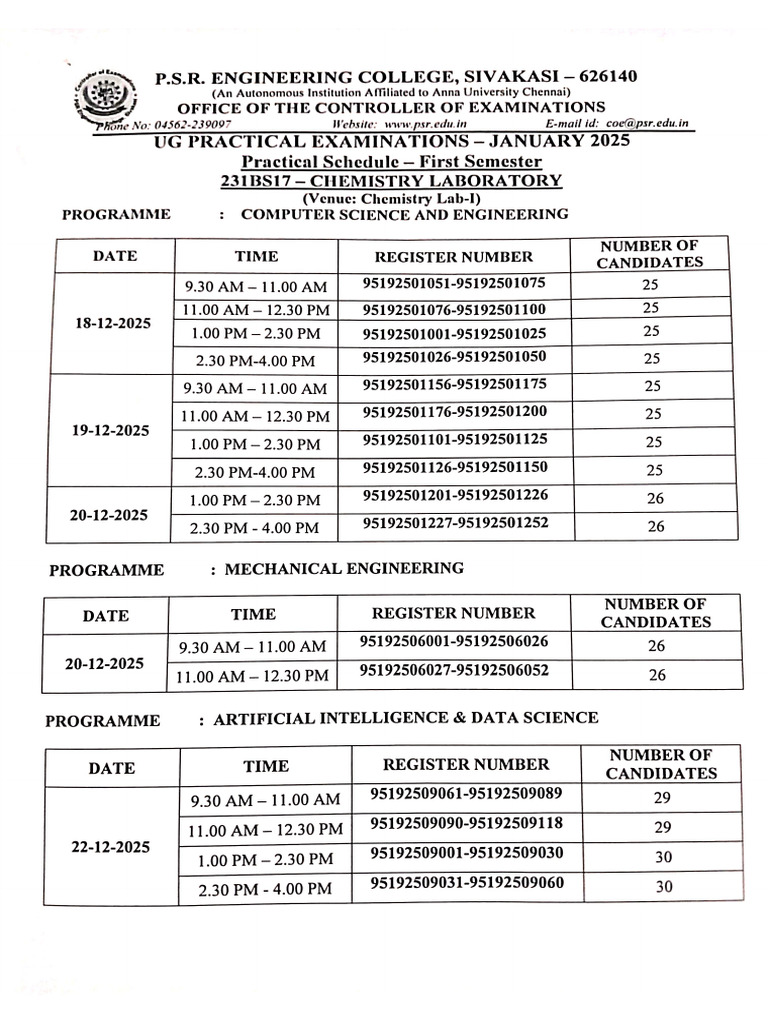 Chemistry Practical Schedule 2025-26 | PDF