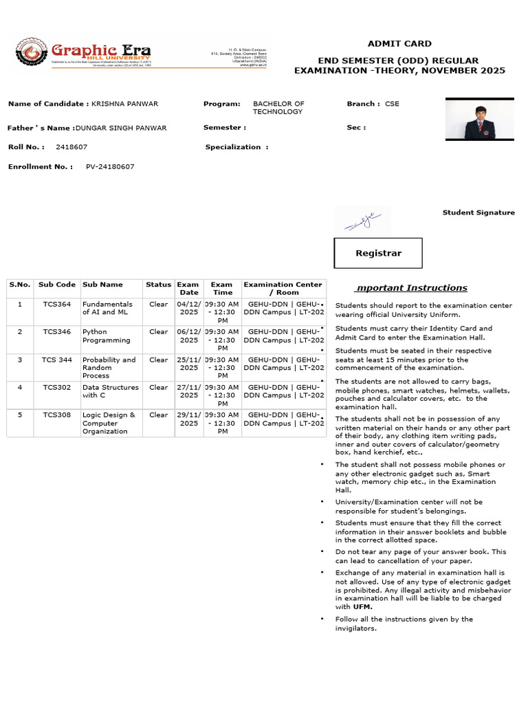 B.Tech Admit Card for CSE Semester 3 | PDF | Computing | Computer ...