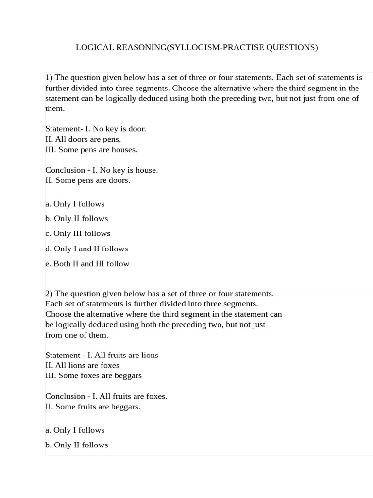 Logical Reasoning Syllogism Practice Questions | PDF | Reasoning | Logic