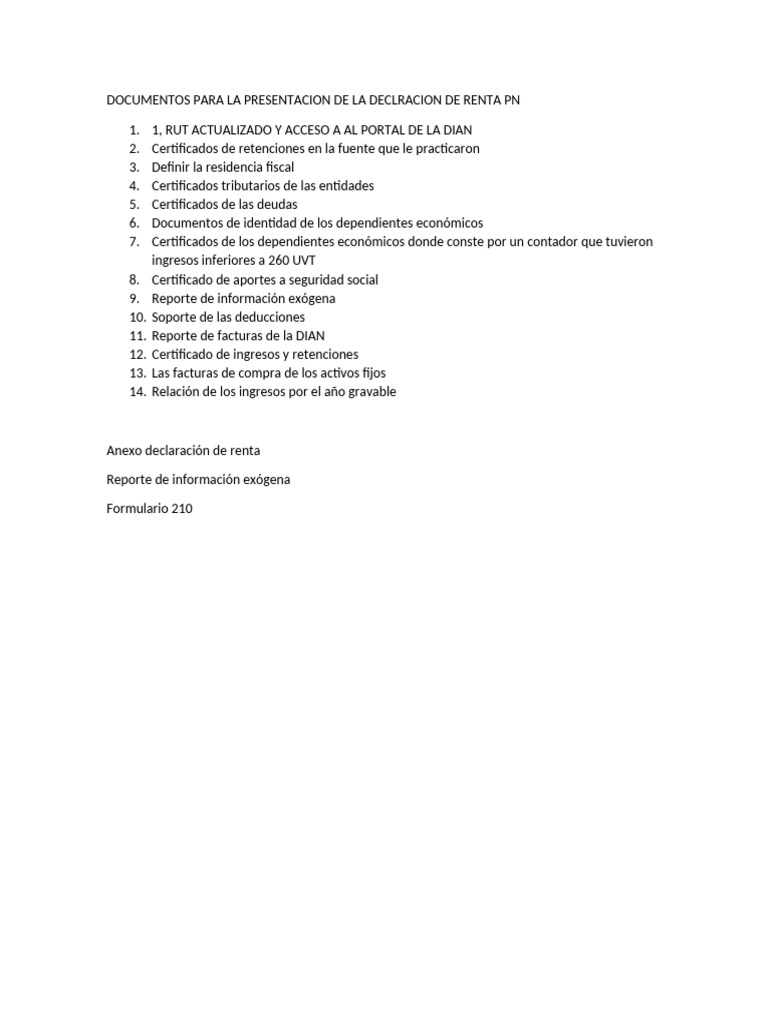 Documentos para Declaración de Renta PN | PDF