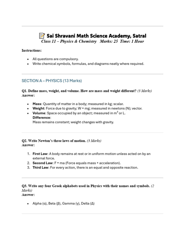 Phy + Chem Test 22 June 11th | PDF | Weight | Periodic Table