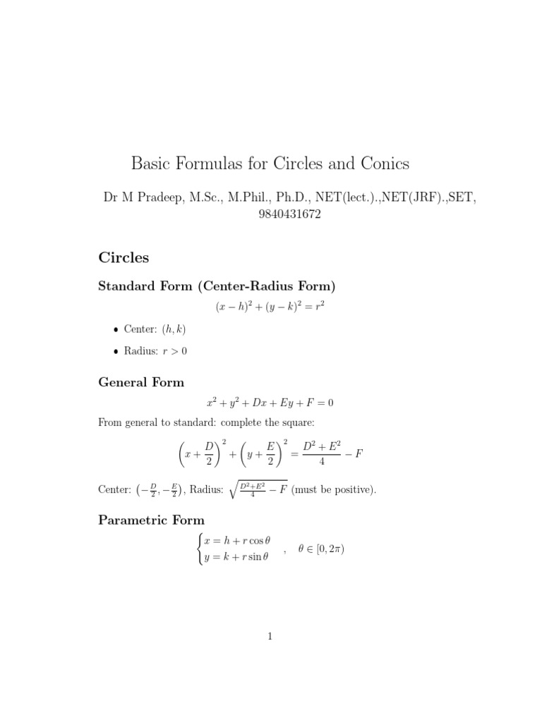 Circle and Conics Basic Formula | PDF | Ellipse | Algebraic Geometry