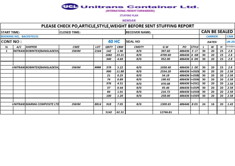 Shipping and Stuffing Plan Details | PDF