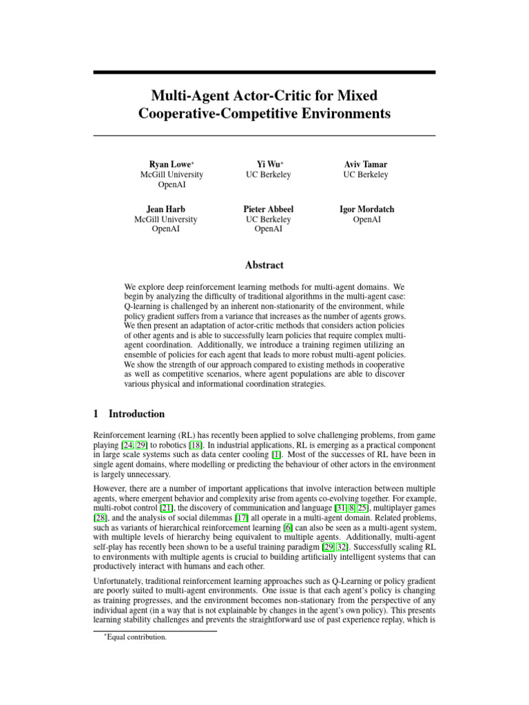 Lowe 2017 Multi Agent Actor Critic | PDF | Applied Mathematics
