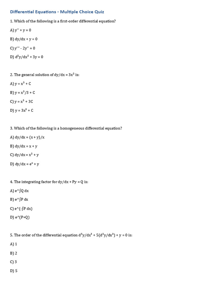 Differential Equations Quiz Questions | PDF | Ordinary Differential ...