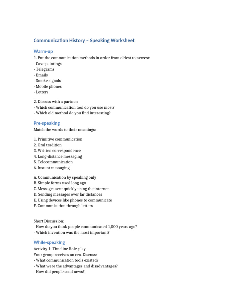 Communication Methods Timeline Worksheet | PDF