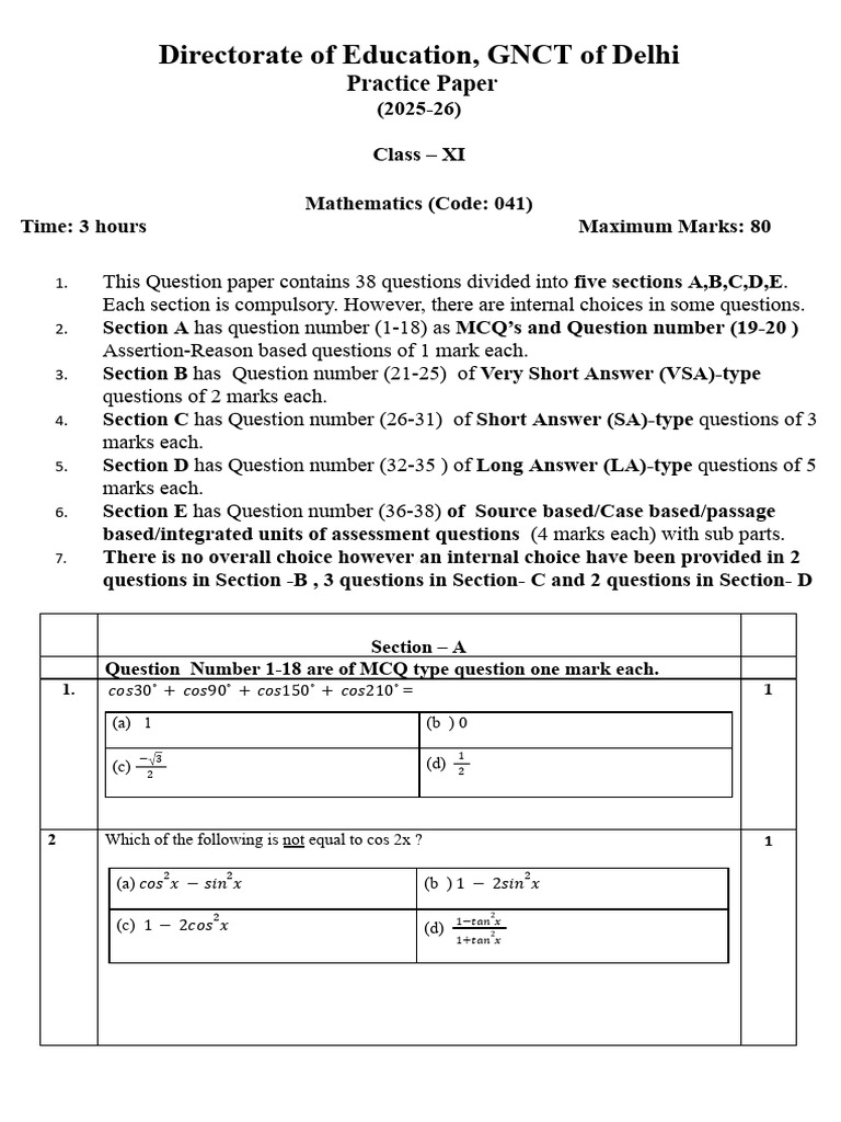 Class XI Mathematics Practice Paper 2025-26 | PDF | Chess Theory | Chess