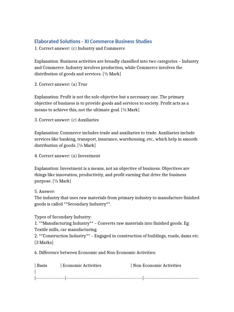 XI Commerce BST Elaborated Solutions | PDF | Employment | Business