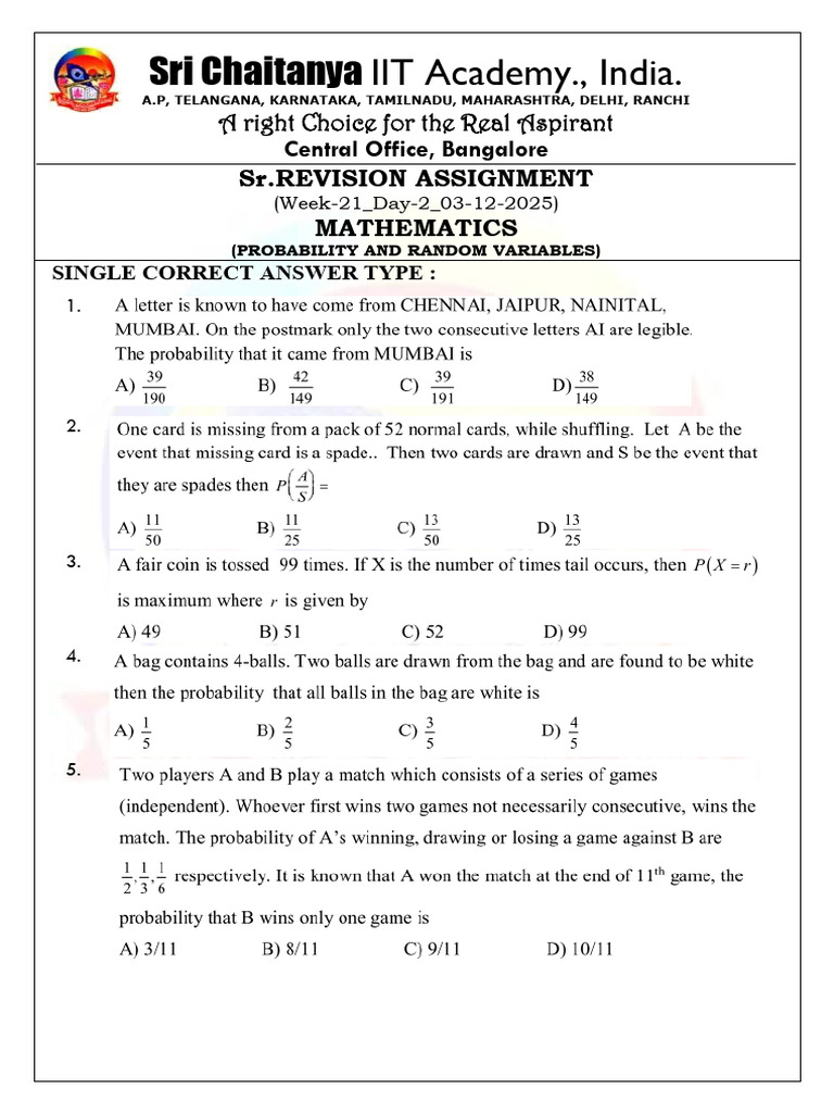 Sri Chaitanya IIT Academy Math Assignment | PDF