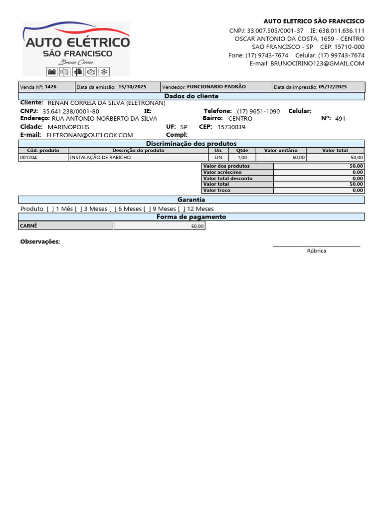 Nota Fiscal de Venda - Auto Elétrico SP | PDF
