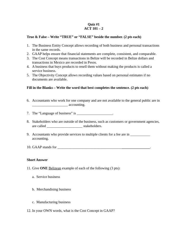 ACT 101 Quiz: Business Accounting Concepts | PDF