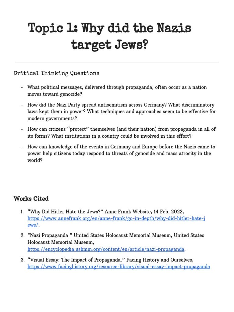 Topic+1 +Why+Did+the+Nazis+Target+Jews | PDF | Antisemitism | Nazi Party