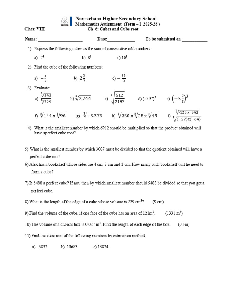 Cubes and Cube Roots Assignment | PDF
