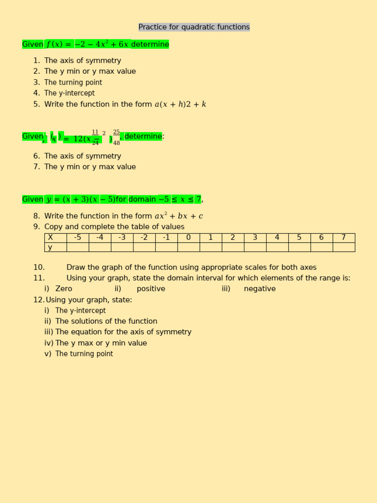 Practice For Quadratic Functions | PDF