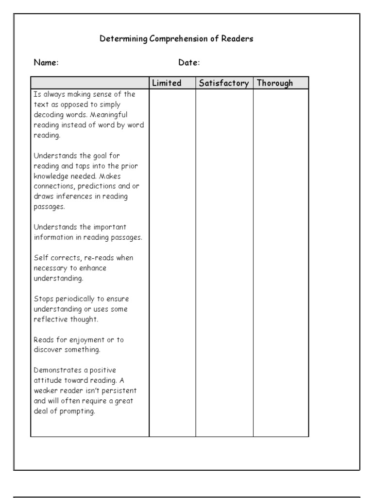 Reader Comprehension Assessment Guide | PDF | Reading Comprehension ...