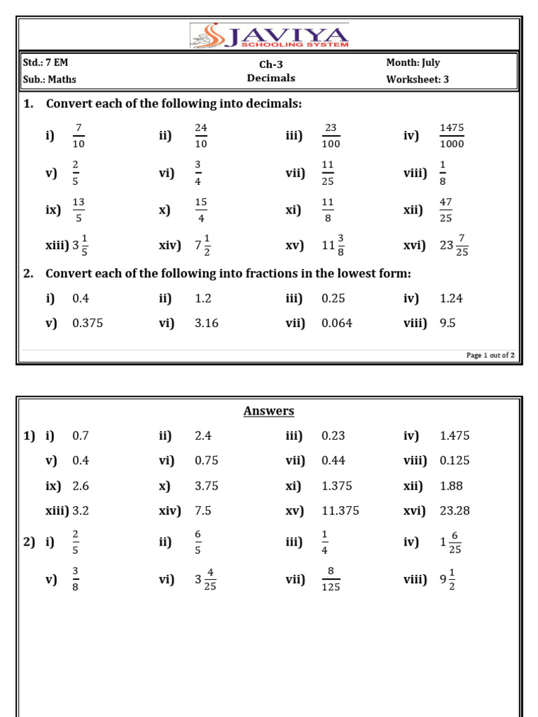 Decimals and Fractions Worksheet 7EM | PDF
