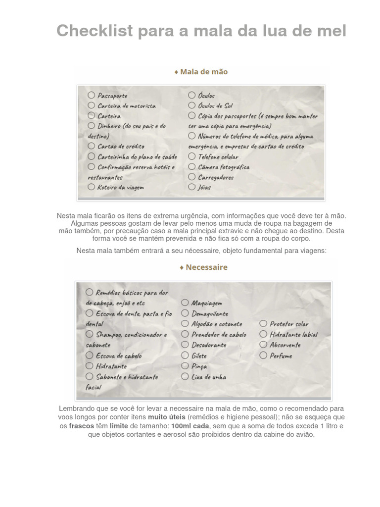 Checklist Essencial para Mala de Lua de Mel | PDF