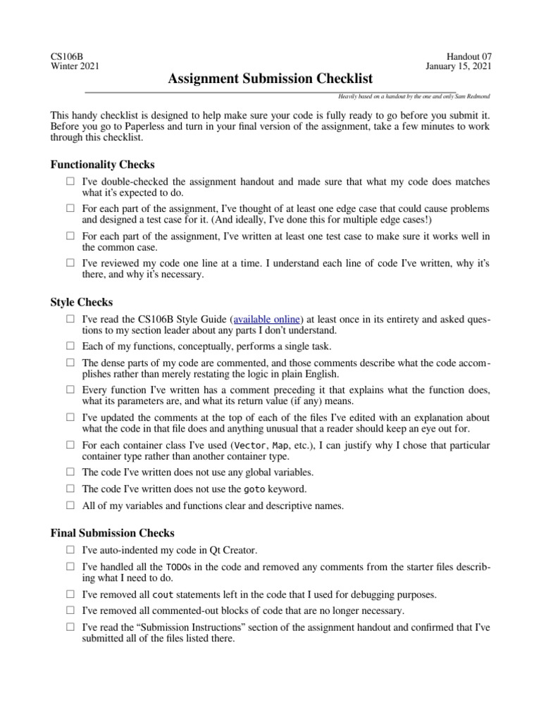 CS106B Assignment Submission Checklist | PDF | Computer Science ...