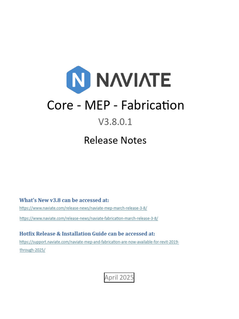 Naviate Core - Mep.fab V3.8.0.1 - Release Notes | PDF